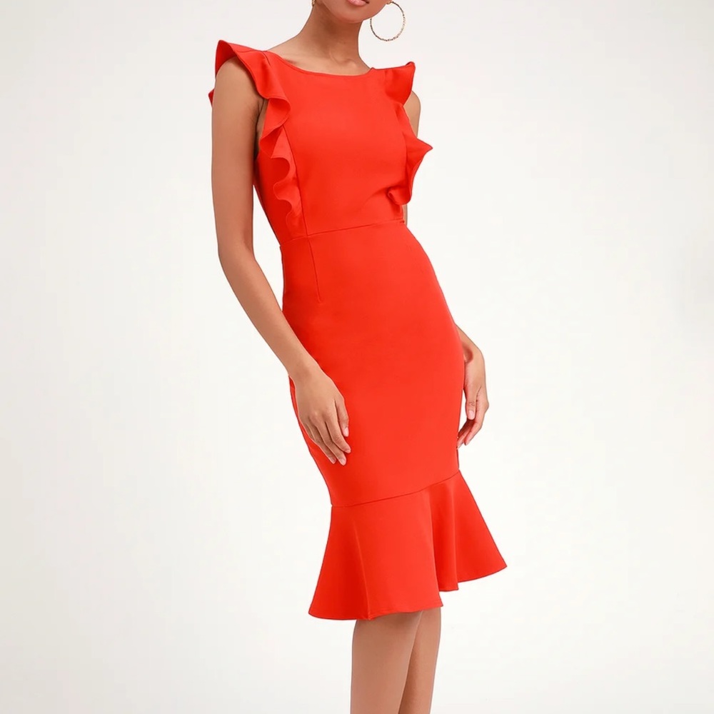 Hearts Aflutter Coral Ruffled Bodycon Midi Dress